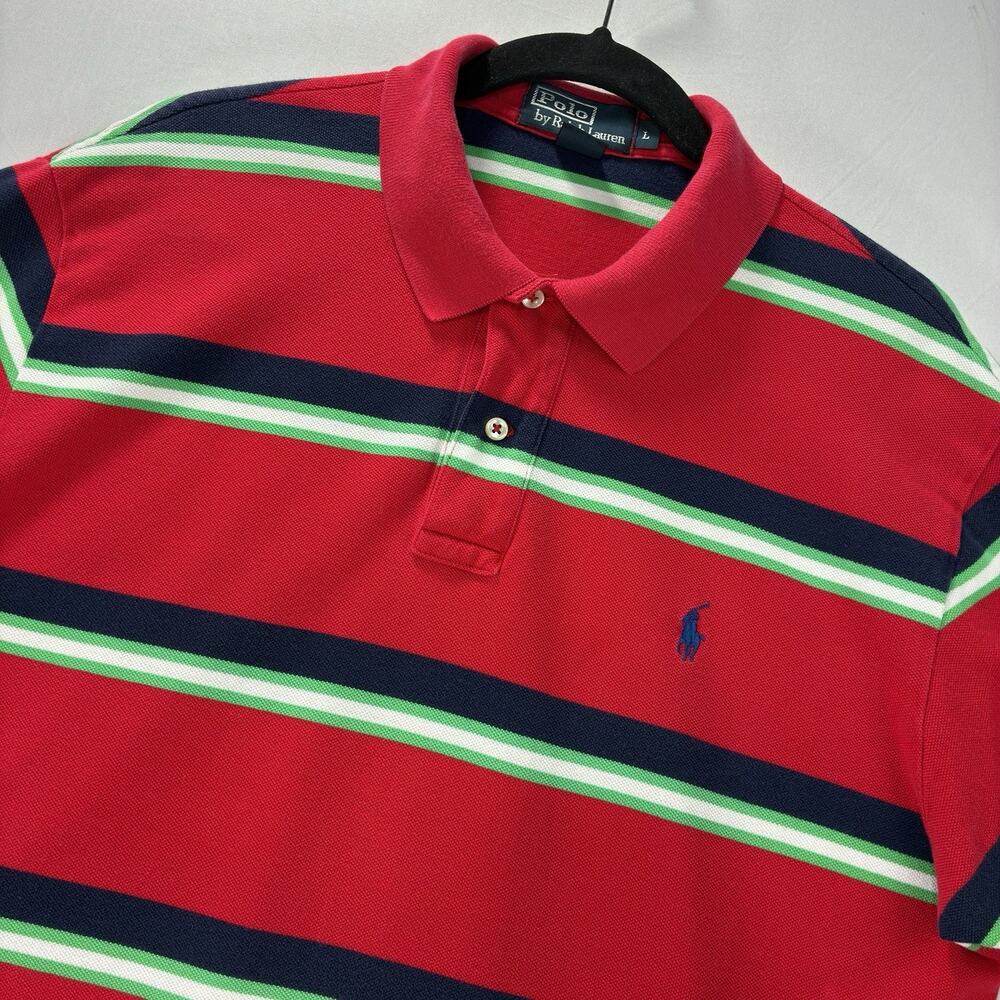 Vintage Polo by Ralph Lauren Men’s L Red Striped Cotton Polo Shirt Navy Green